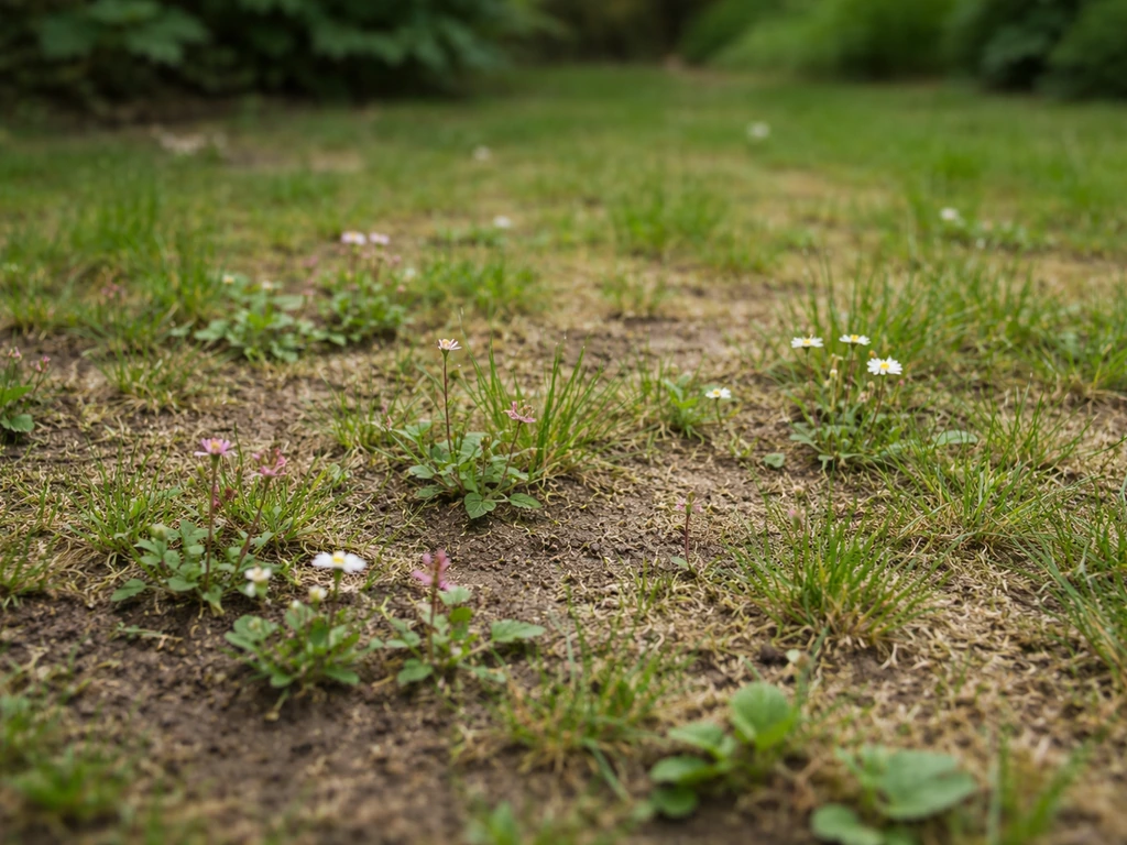 Onrustig gazon met minder dichte plekken en jonge onkruiden/wilde bloemetjes tussen het gras.
