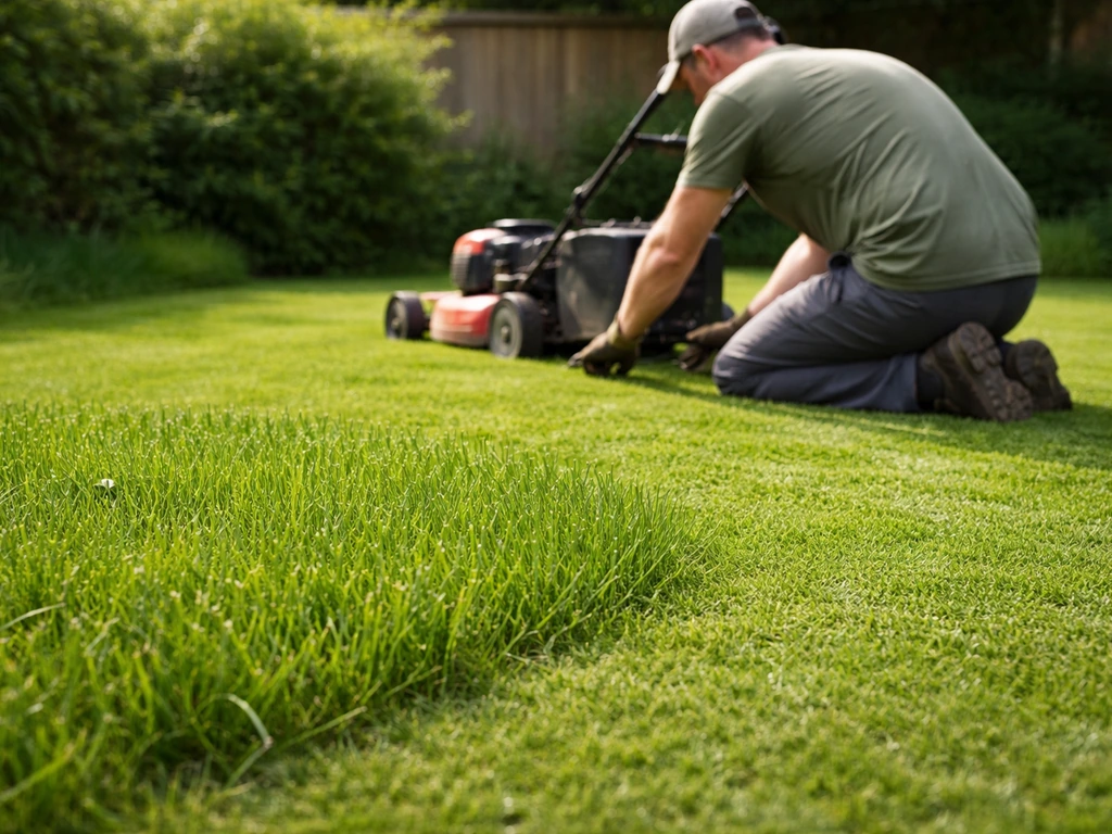 Hoek van een gemaaid, gezonder gazon met grasgroei en minder onkruidbloei na gazononderhoud.