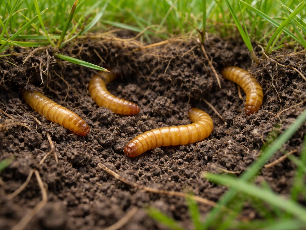 Goudgele ritnaalden in een gazonrand, dicht op de grond tussen gras en aarde zichtbaar.