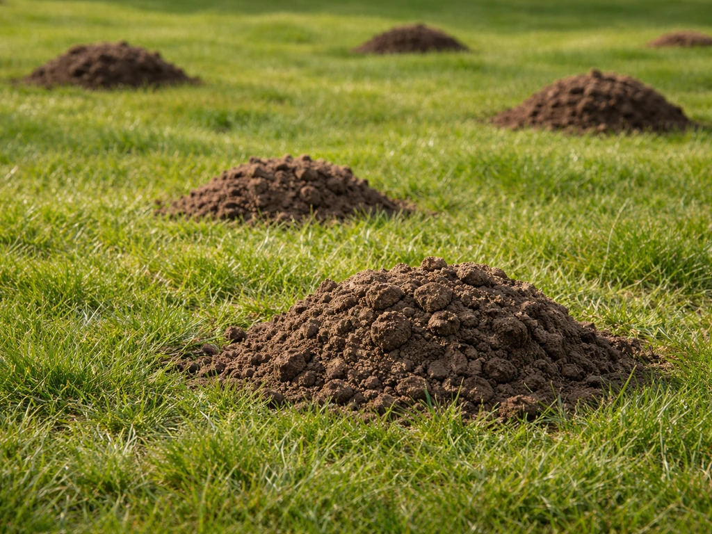 Meerdere kegelvormige molshopen van losse aarde in een Nederlands gazon, duidelijk zichtbaar in het gras.