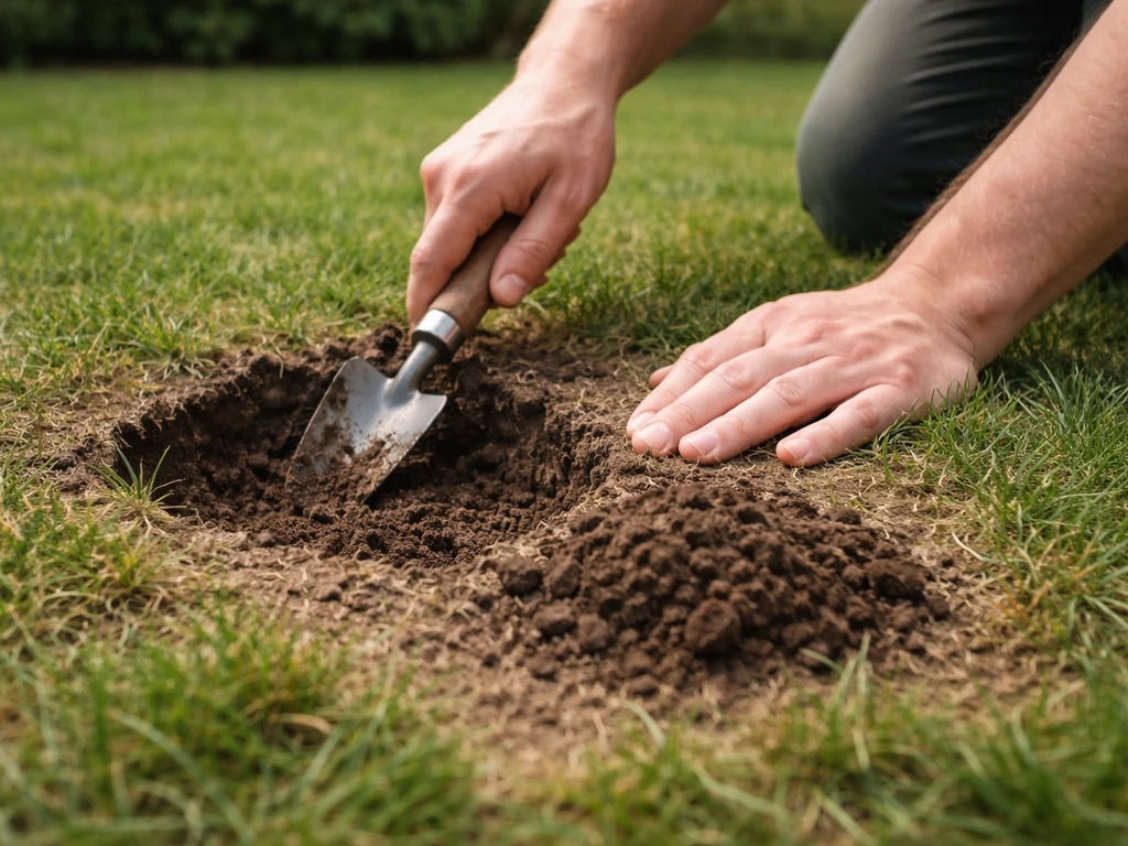 Handen inspecteren beschadigd gras en graven een klein proefvakje in de tuin bij daglicht.