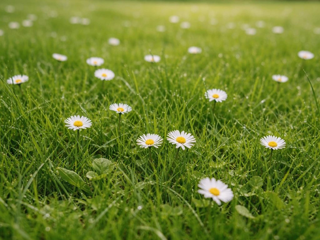 Helder groen gazon met kleine witte bloemetjes die duidelijk afsteken tegen het gras