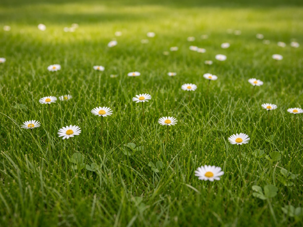 Situatieoverzicht van een groen gazon met duidelijk zichtbare witte bloemetjes tussen het gras.