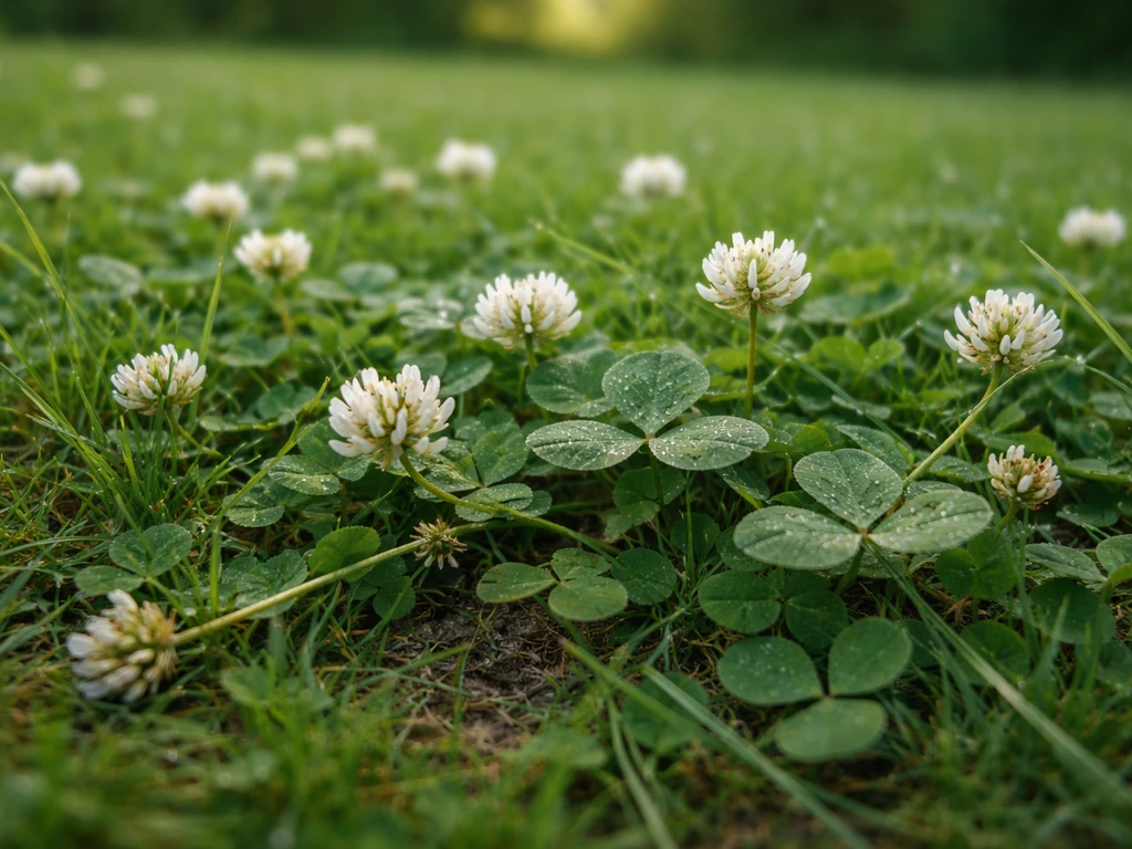 Close-up van witte klaver met witte bloemetjes in een kruipende mat tussen het gras.