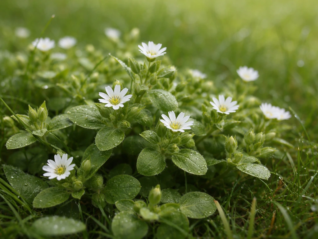 Close-up van vogelmuur met ovale blaadjes en kleine witte bloemetjes in een gazonplek