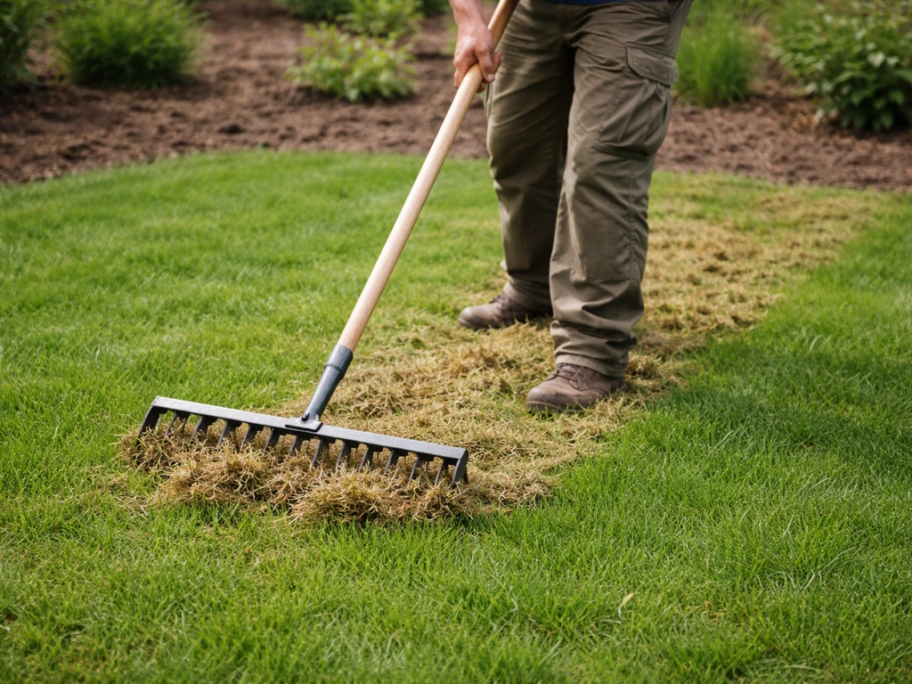 Tuinman met verticuteerhark die vilt uit een gazon verwijdert, terwijl het gazon wordt belucht.