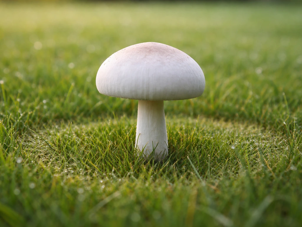 Een witte paddenstoel in groen gras met een subtiel heksenkring-achtig patroon eromheen, scherp in beeld.