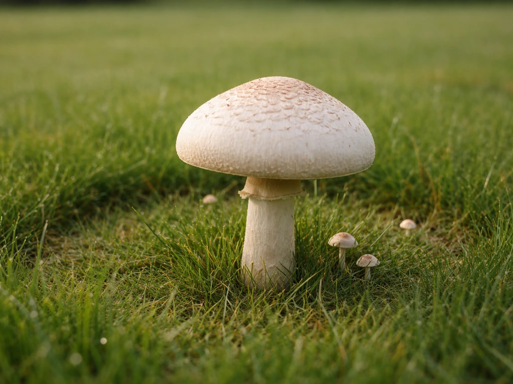 Witte/crèmekleurige paddenstoel in het gras, close-up met duidelijk groeipatroon in een gazon