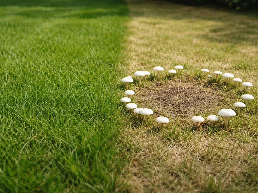 Gezond groen gazon naast een verzwakte, verkleurde plek met witte paddenstoelen rond een heksenkring