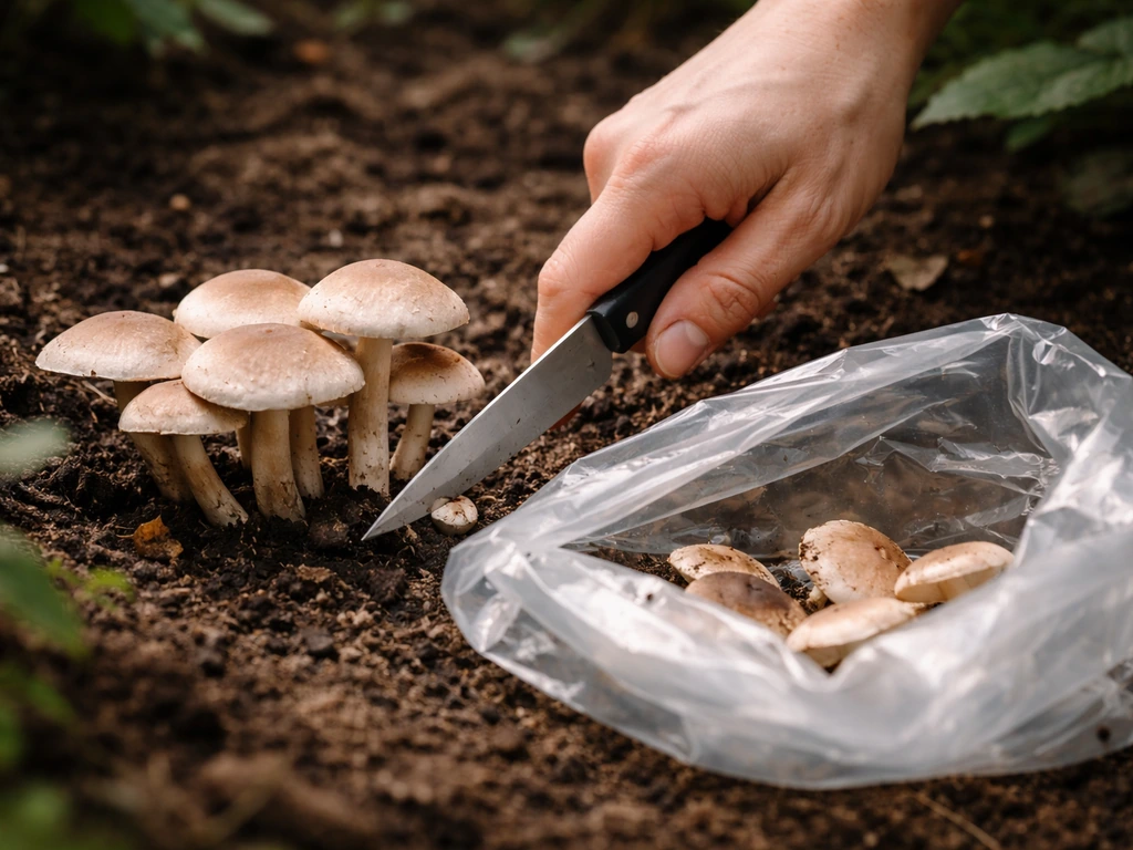 Hand die paddenstoelen laag afsnijdt boven een plastic zak, klaar voor restafval