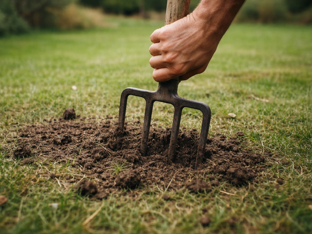 Hand met riekprikker die de grond inprikt op een gazon bij een verdichte plek