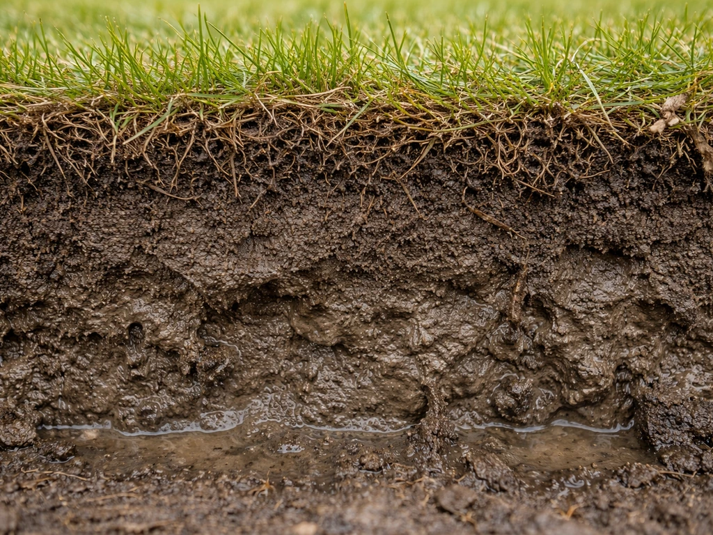Doorsnede van vochtig kleigrond met viltige thatch uit een Nederlands gazon.