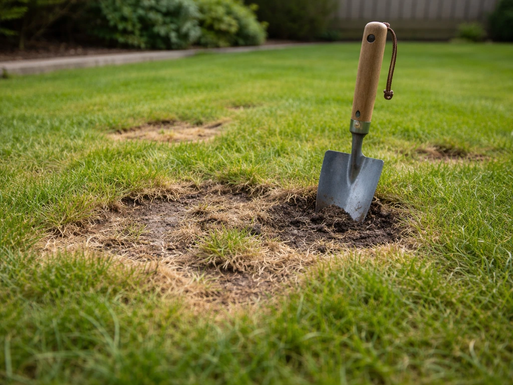 Gazonschade met onregelmatige kale plekken door emelten, met schepje in de Nederlandse tuin