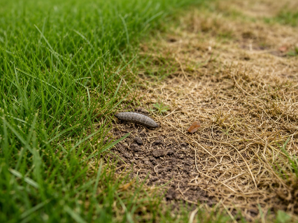 Close-up van een gazon met een beschadigde plek en een klein pootloos grijsbruin larvetje in het gras.