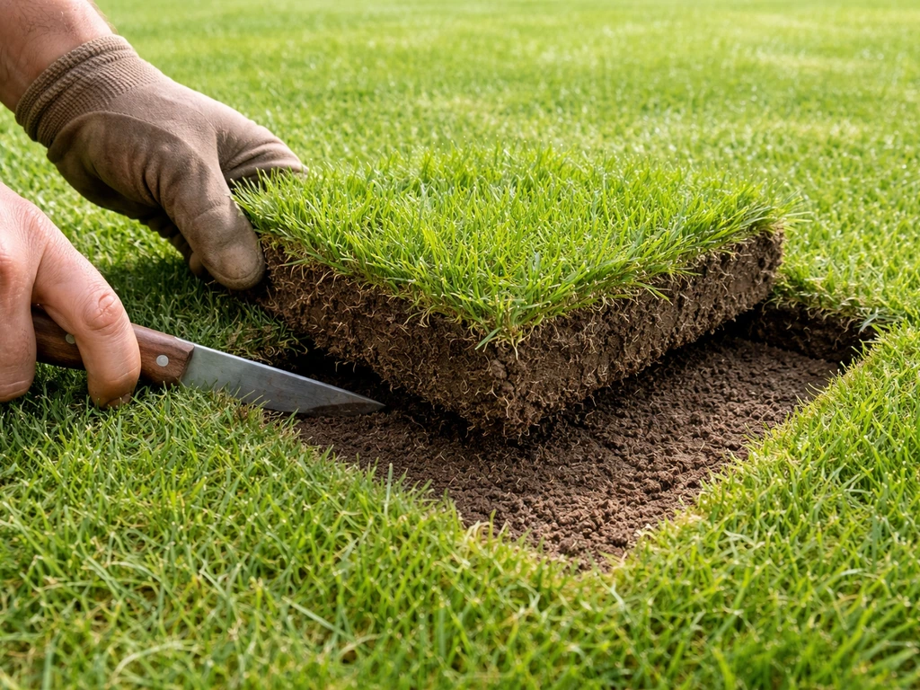Scherp schopje snijdt een vierkant van 20×20 cm uit een kale plek in het gazon
