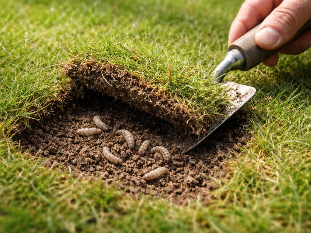 Opgelichte graszode met zichtbare emeltenlarven die uit de grond worden verwijderd in een gazon.