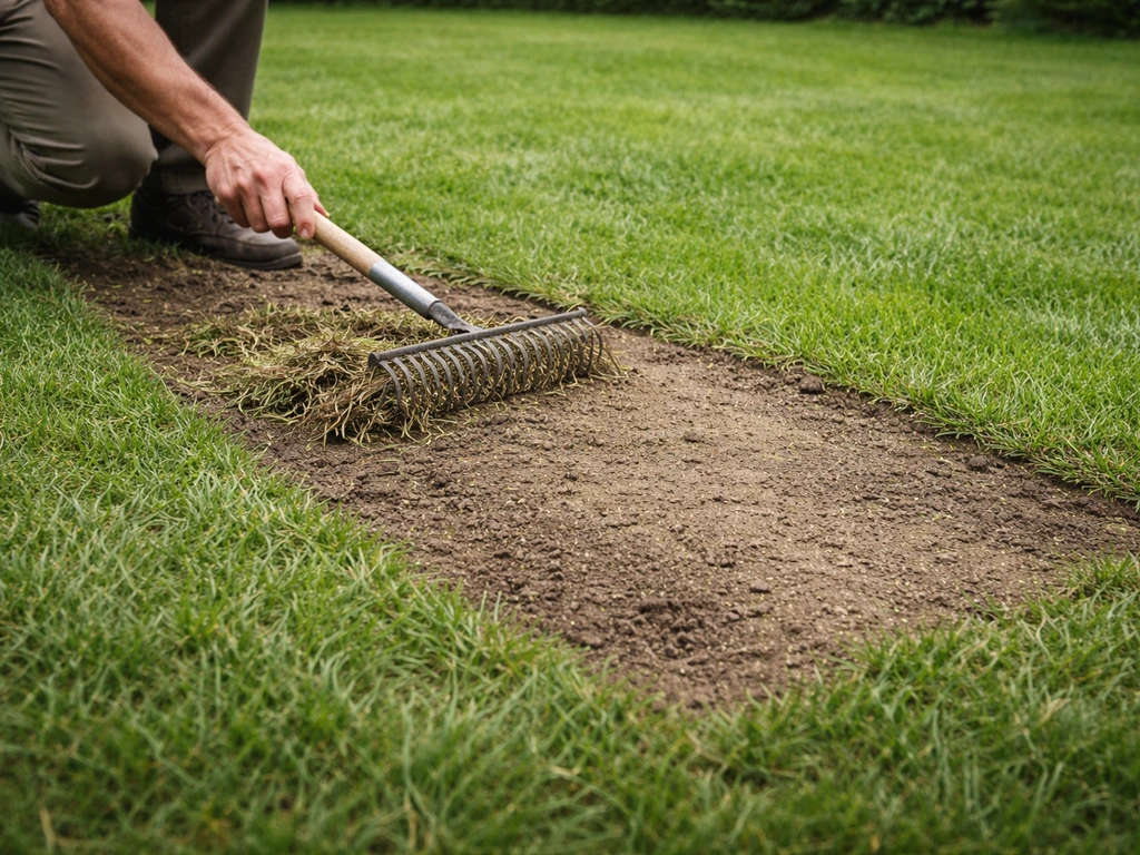Aangeharkte kale plek in het gazon met nieuwe gras/grondlaag die aansluit op het bestaande gras.