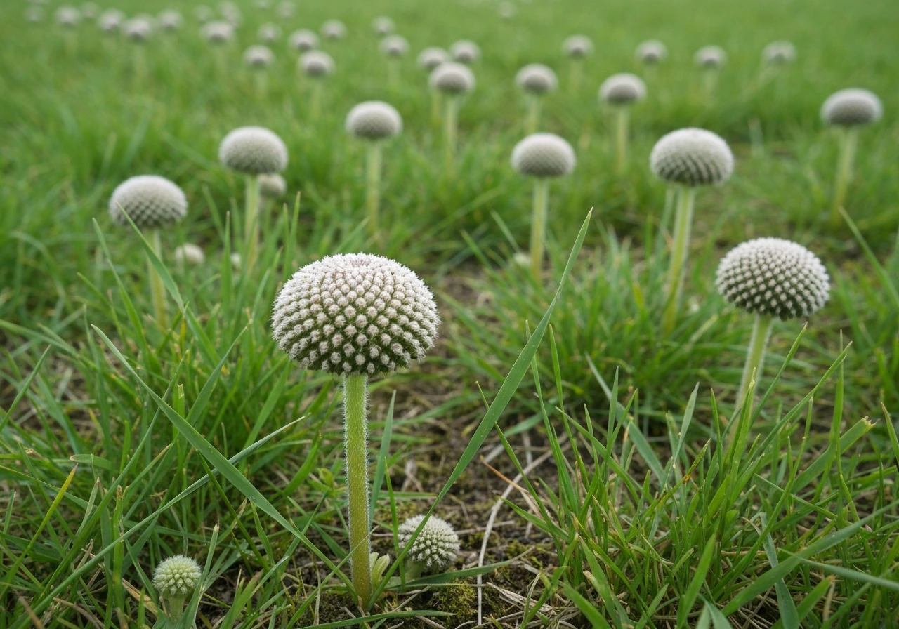 Meerdere paddenstoelen groeien tussen het gras in een Nederlands gazon, met zicht op vochtige bodem.