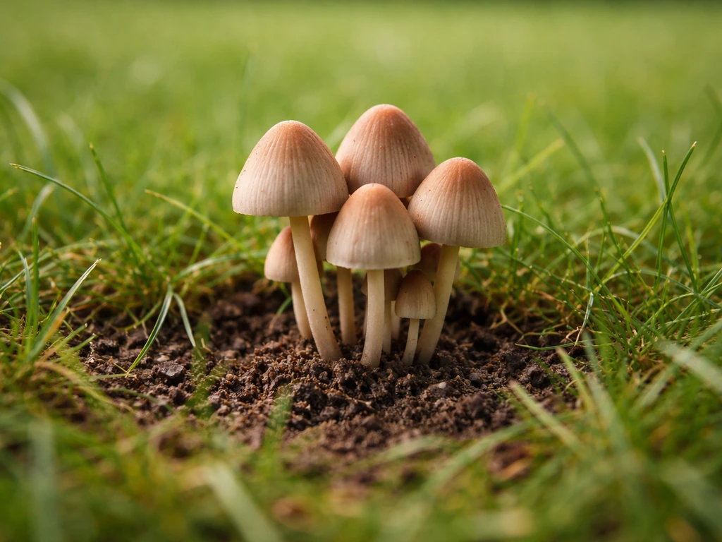 Close-up van kleine paddenstoelen in een gazon, met gras en aarde zichtbaar rond de vruchtlichamen.