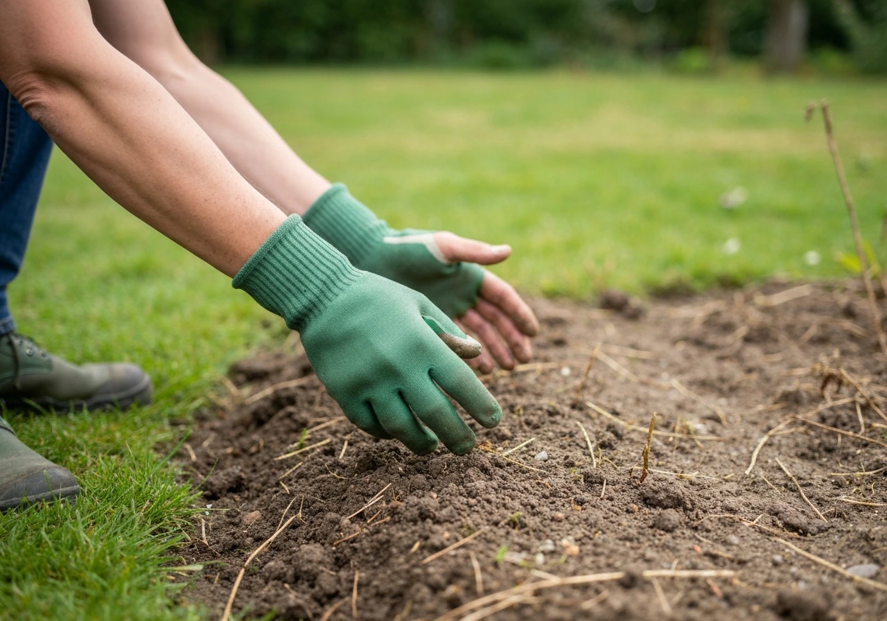 Gehandschoende tuinier die zichtbare paddenstoelen in de tuin vlak bij de grond weghaalt