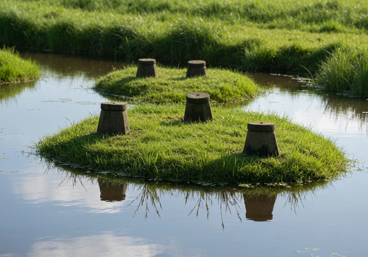 Natte, schaduwrijke plek in een gazon met paddenstoelen waar water blijft staan na regen.