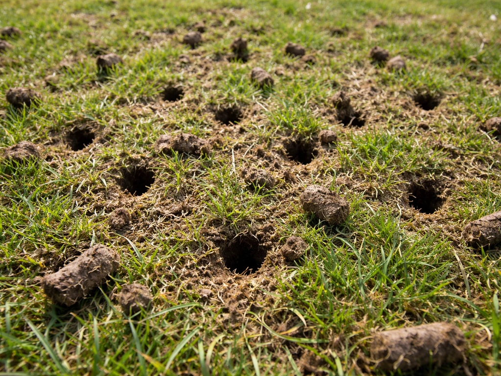 Graspollen in het gazon met beluchtingsgaten en een dun laagje organisch materiaal op de grond