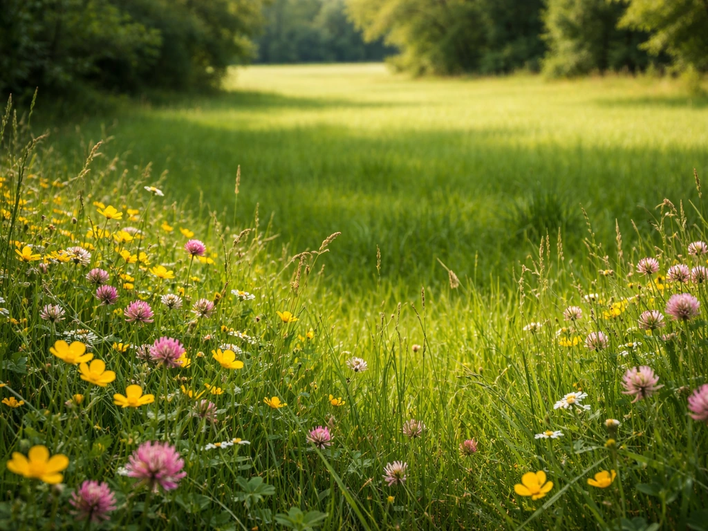Bloemrijk veld met gras en wilde bloemen, met een natuurlijke overgang naar een groter stuk bewerkte grond.