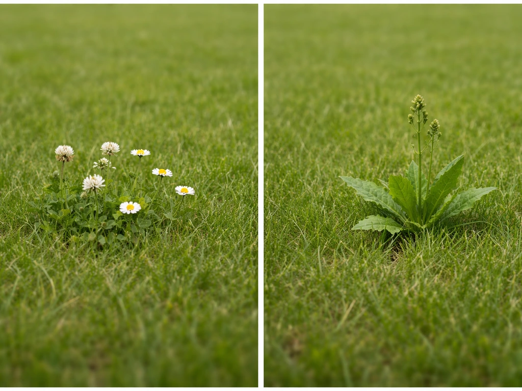 Links witte klaver en madeliefjes in gras, rechts een onkruidpol tussen het gazon, duidelijke vergelijking.