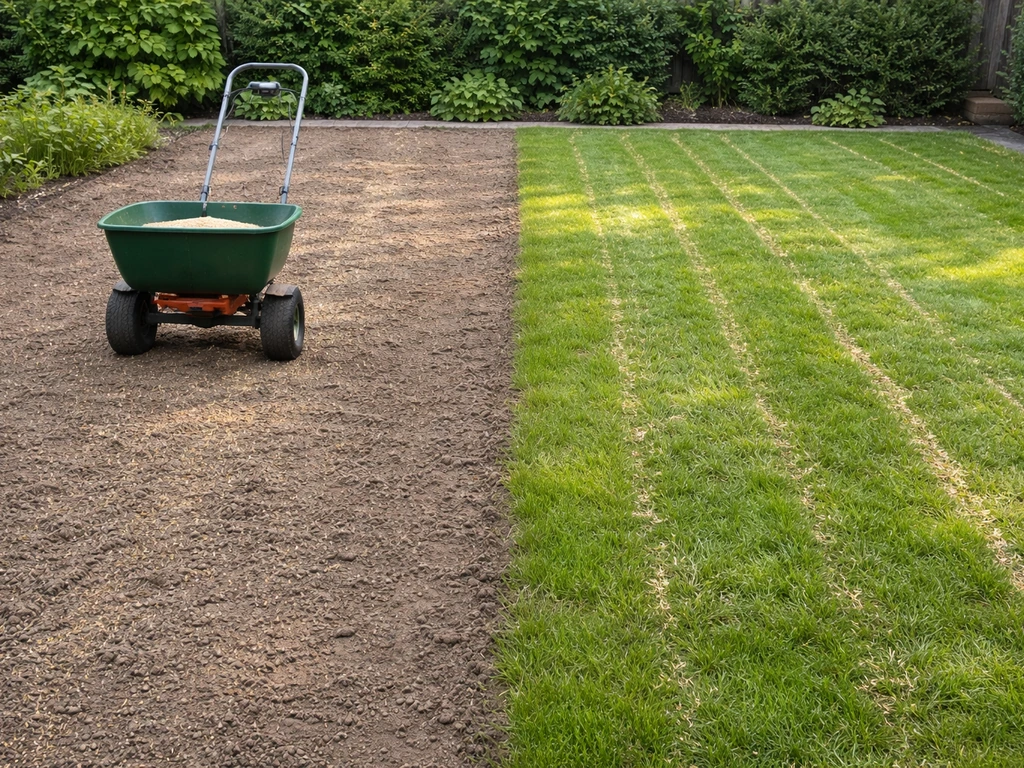 Naast elkaar een lege strook met zaaizaad en een bestaand gazon dat wordt doorgezaaid, minimalistische tuinscène.