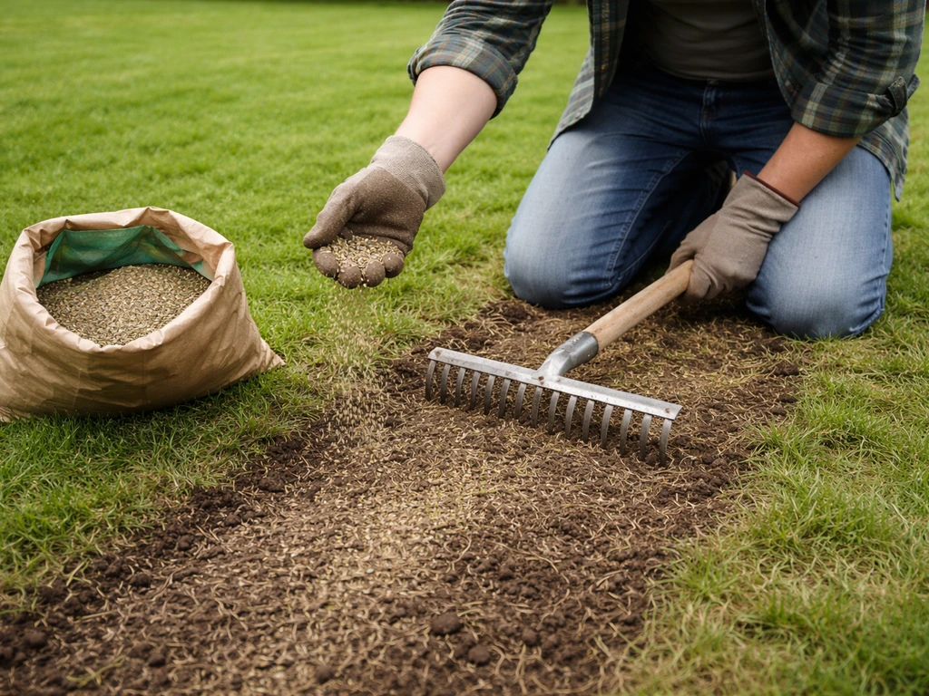 Persoon knielt in kortgemaaid gazon, verticuteren en vervolgens gras-bloemenzaad strooien in september.