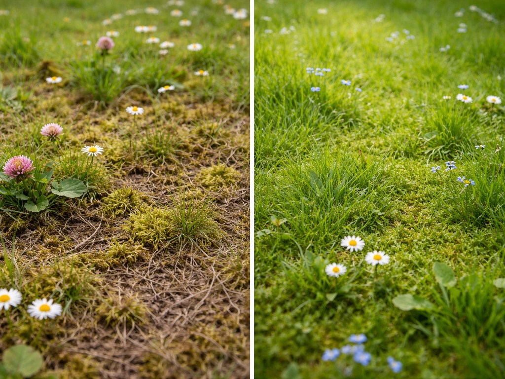 Close-up van mos en vervilte plekken in een bloemrijk veld met aanpalend gezonder, groen deel