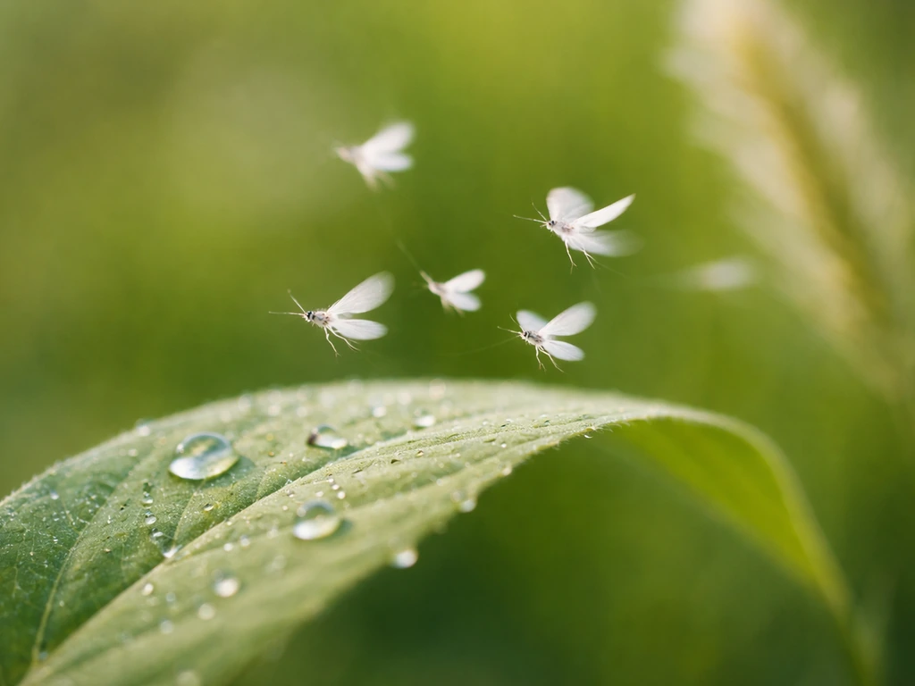 Opvliegende echte witte vliegjes vanaf dauw op groen blad, met zachte groene achtergrond.