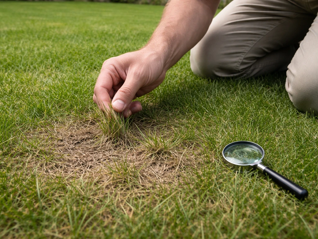 Knielende tuinier inspecteert een aangetaste grassnede en schudt voorzichtig grassprieten tijdens een schudproef.