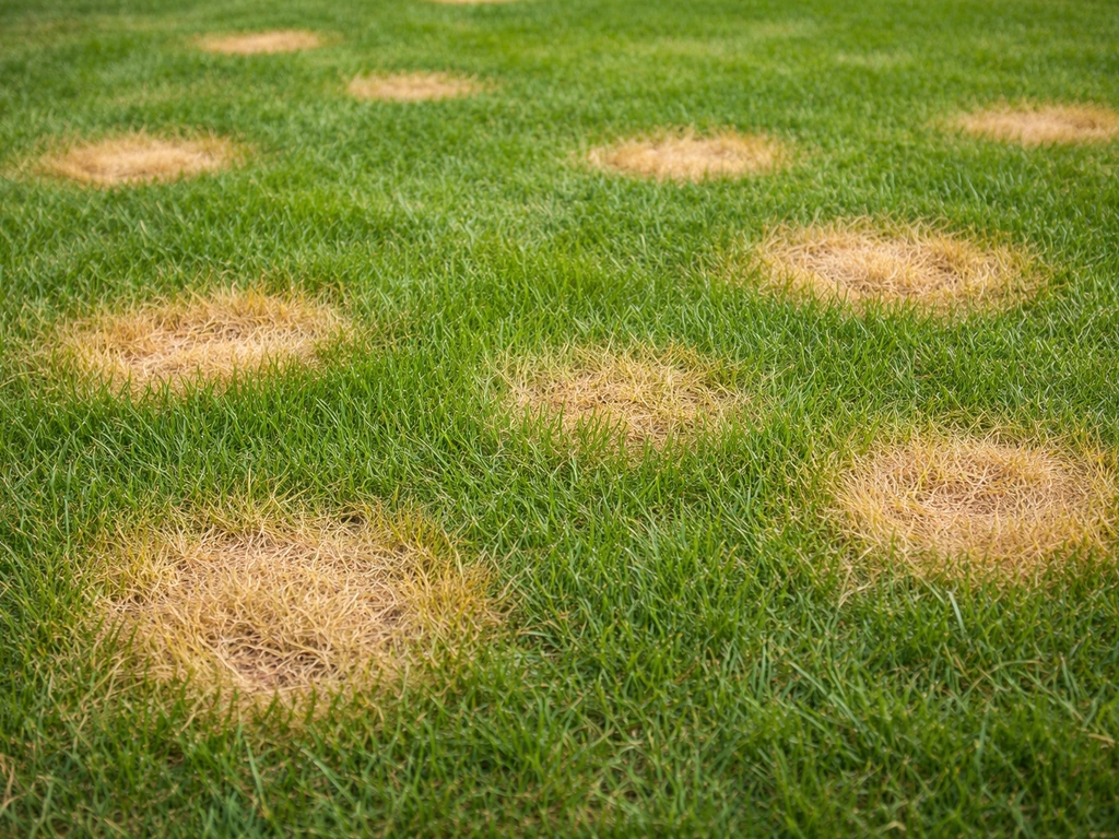 Close-up van ronde/ovale gele winterplekken in het gras met lichte randen en zichtbare patronen.