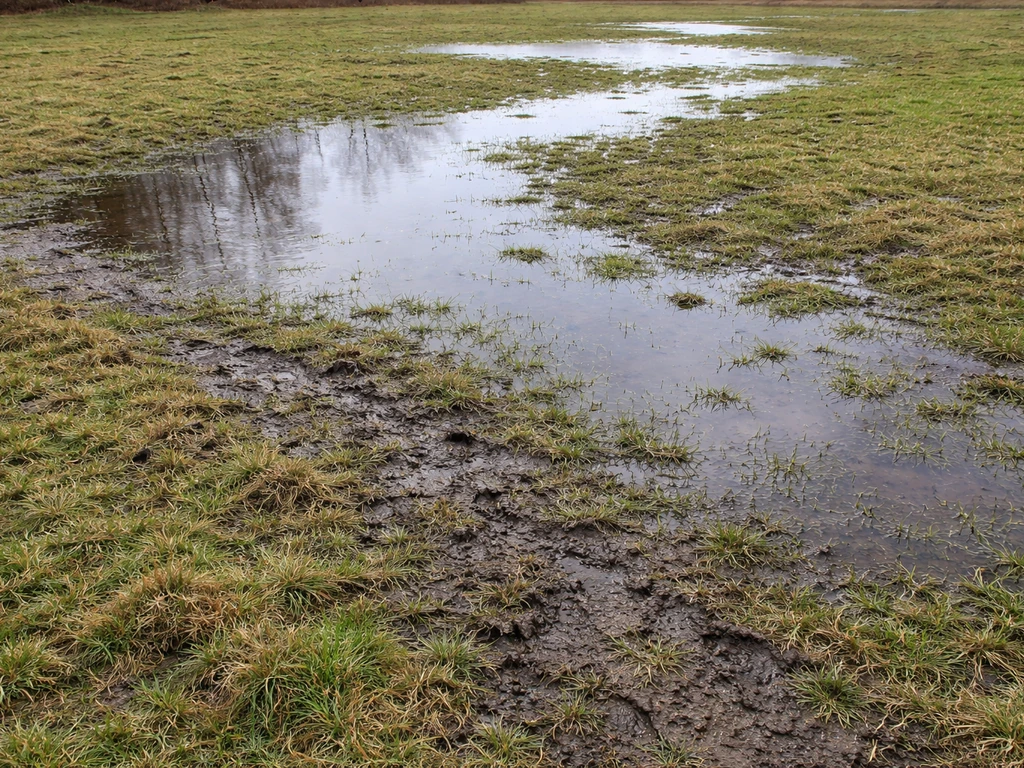 Wintergazon met plassen op lage plekken en verdichting bij beloop, waardoor het gras deels platgedrukt is.