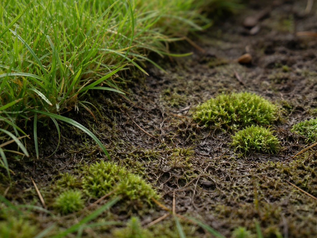 Schaduwrijk gazon met donkerviltlaag en groene mospolletjes in een vochtige hoek.