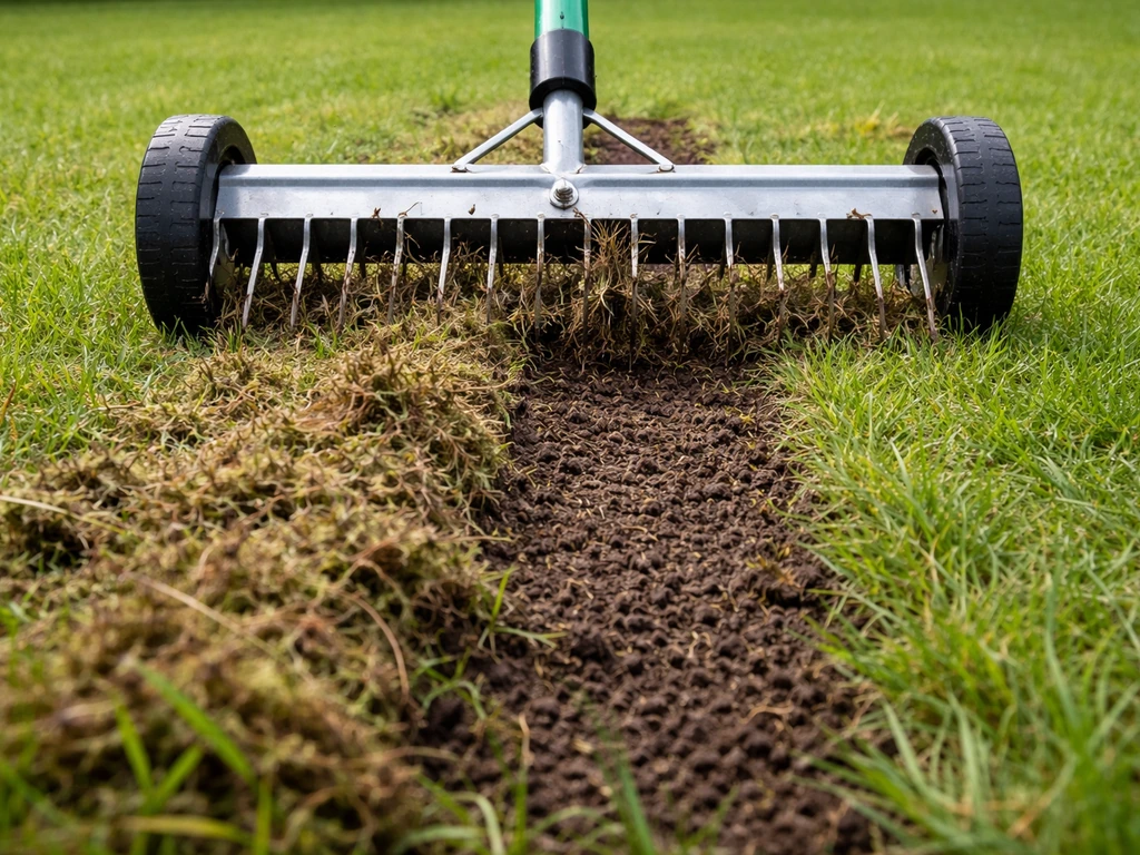 Verticuteerhark op een gazon die viltlaag losmaakt en donkere bodem zichtbaar maakt.