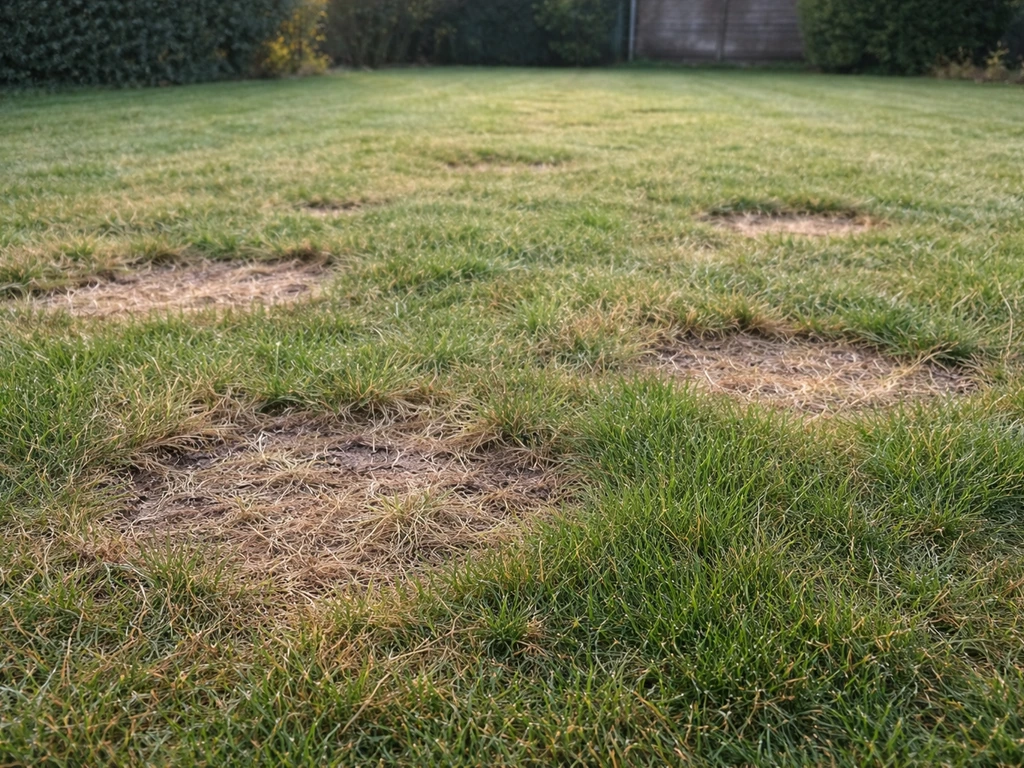 Nederlands gazon met bruine/grijzige beschadigde plekken waar larven in het gras hebben gegeten.