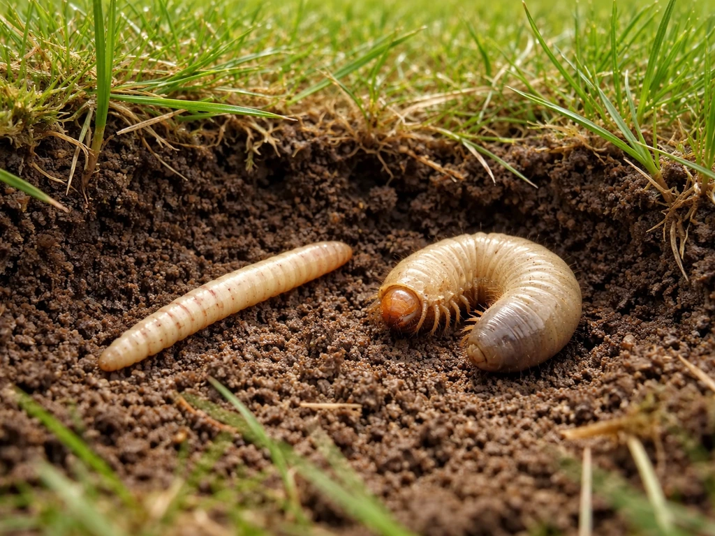 Close-up van twee larven in een open stukje Nederlands gazon: emelt- en engerlingachtige larve in de aarde.