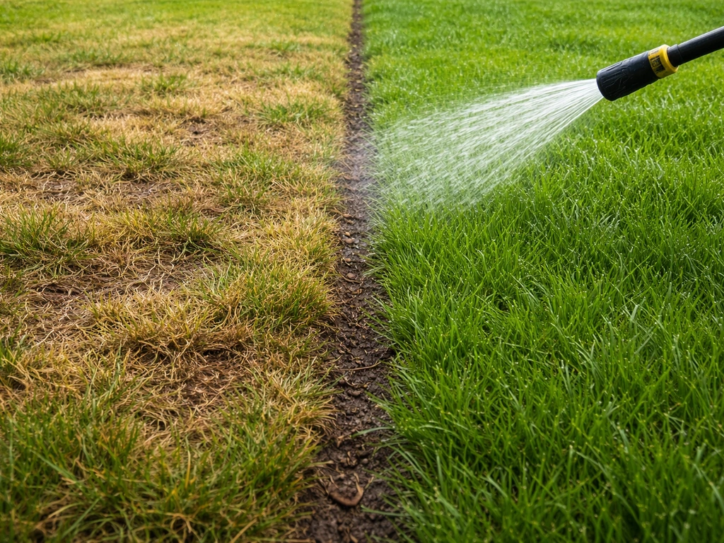 Twee naast elkaar liggende grasvakken: links vergeeld zonder herstel, rechts groen na beregening.