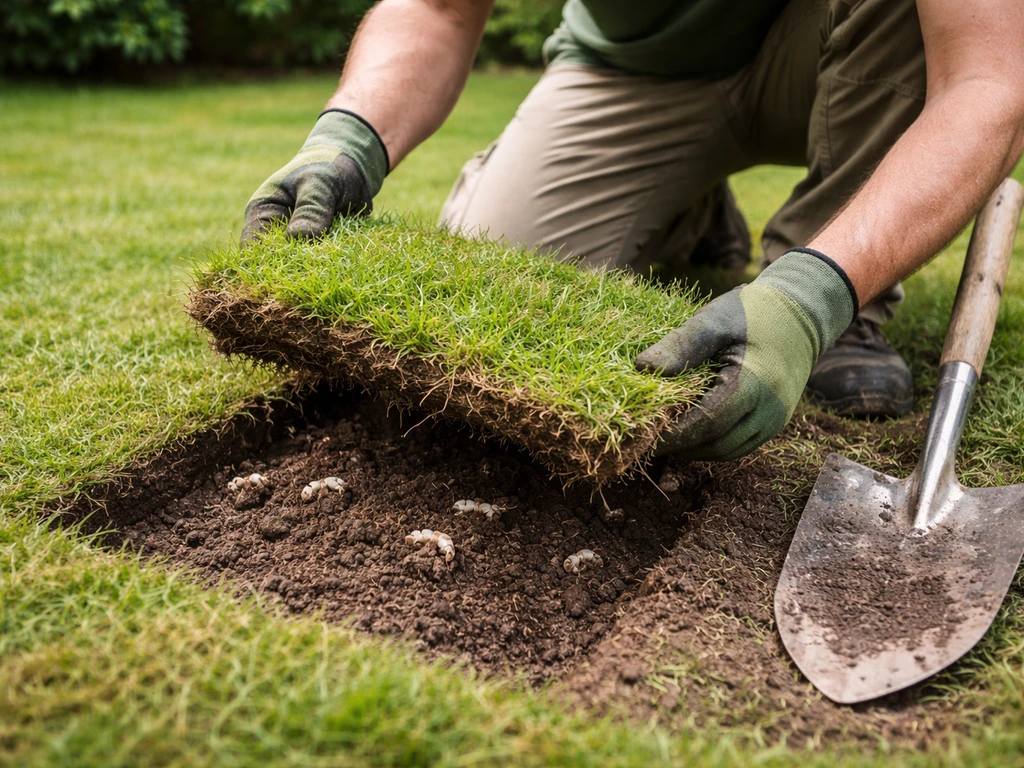 Anonieme tuinier tilt een 30x30 grasmat op met een steekspade om larven in de aarde te controleren.
