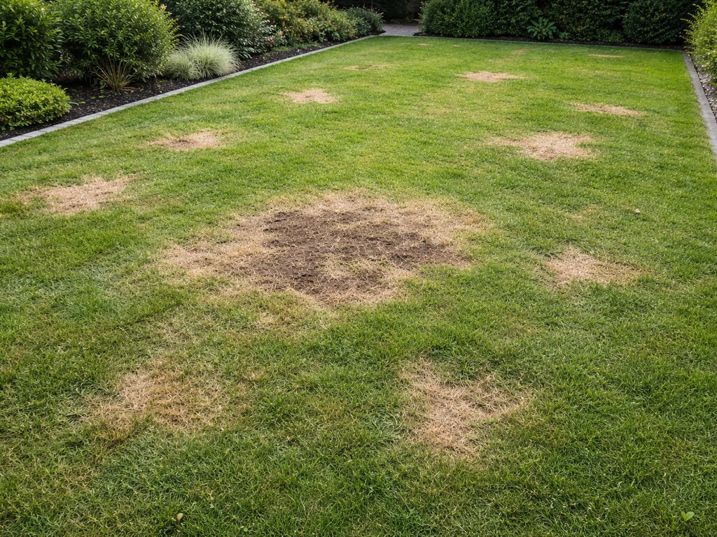 Nederlands gazon met meerdere bruine plekken en één duidelijk grotere bruine spot als startpunt.
