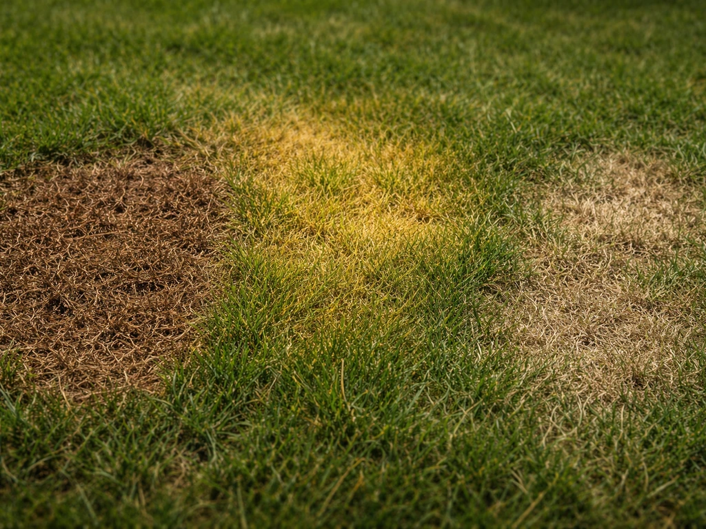 Close-up van bruin en geel gras met een licht dode plek op een gazon, met duidelijke grenzen.