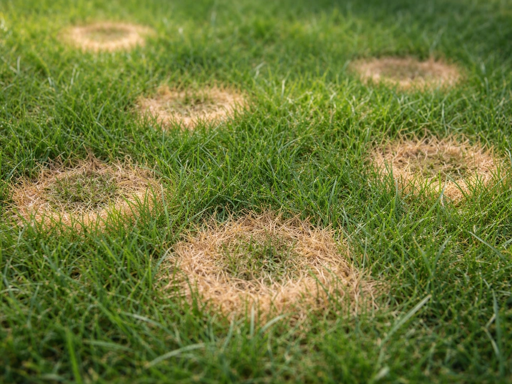 Close-up van een gazon met kleine ronde lichtbruine dollar spot-vlekken en duidelijke randen.