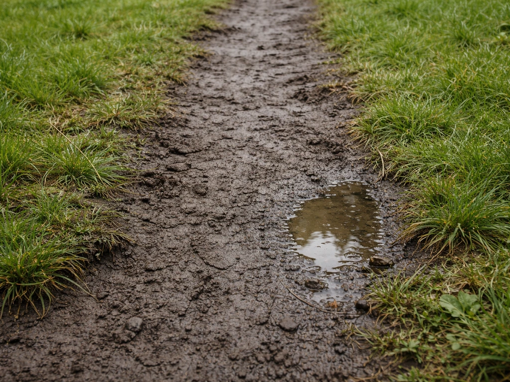 Tuinpad met verdichte grond en plassen na regen, met een opengewerkte grasmat en water dat niet wegzakt.