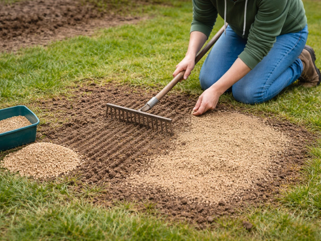 Tuinier die kaal gazon losharkt en graszaad/inzaai bedekt met een dun laagje aarde