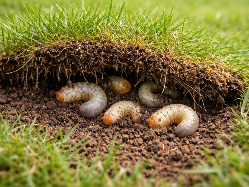 Graszode opgetild boven een gazon met zichtbare witte larven tussen de wortels.