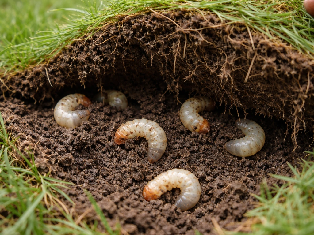 Witte graslarven aan de wortels in een opgetilde graszode, close-up op vorm en kleurverschillen.