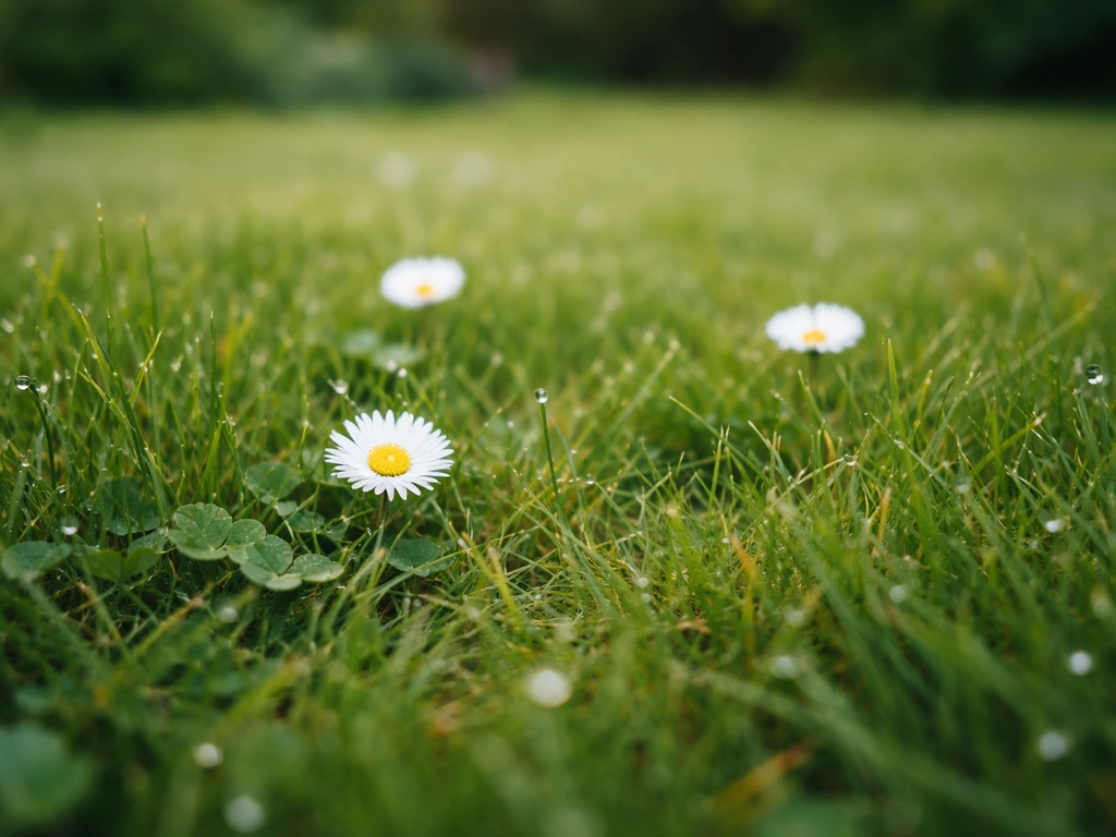 Close-up van een Nederlands gazon met een paar witte bloemen tussen het gras, in natuurlijk daglicht.