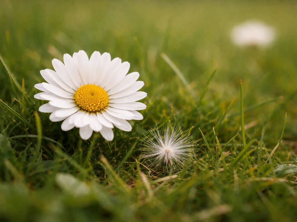 Witte bloem in het gras met daarnaast wit pluis en een witte vlek, om het verschil te tonen.